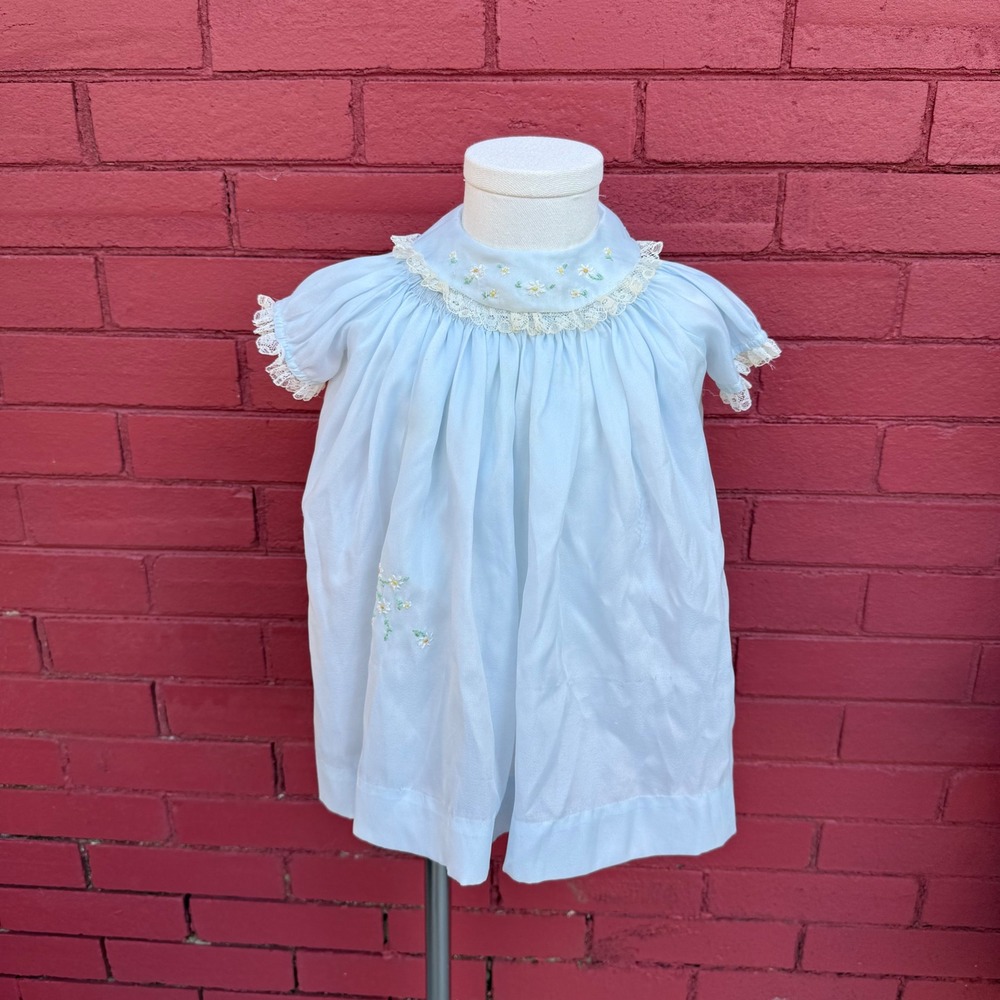 Vtg Nannette Baby Dress 12M‎ Satin Blue Gown Embroidered Floral Lace Collar USA
